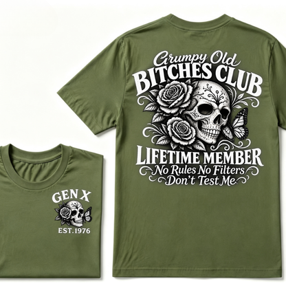 Grumpy Old Bitches Club Lifetime Member No Rules No Filters Don't Test Me EST.Year Sugar Skull Rose Butterfly Dual Sided T-shirt