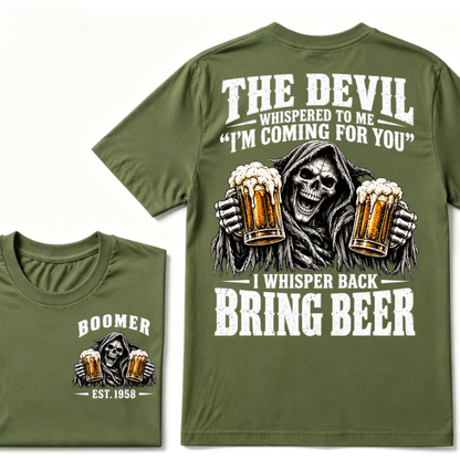 The Devil Whispered To Me I'm Coming For You I Whisper Back Bring Beer EST.Year Vintage Skull Beer Graphic Tee