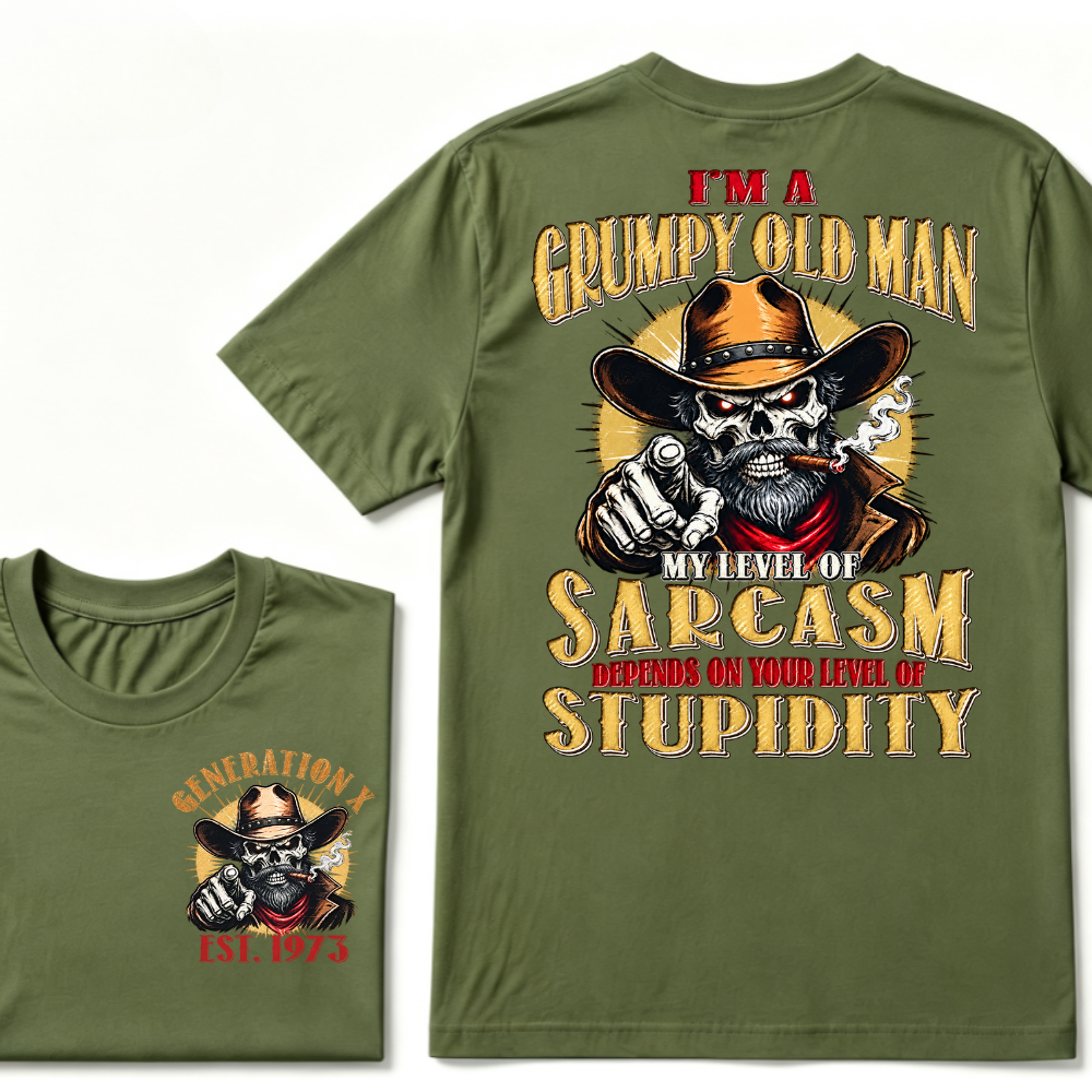 I'm A Grumpy Old Man My Level Of Sarcasm Depends On Your Level Of Stupidity EST.Year Vintage Western Skull Graphic Tee