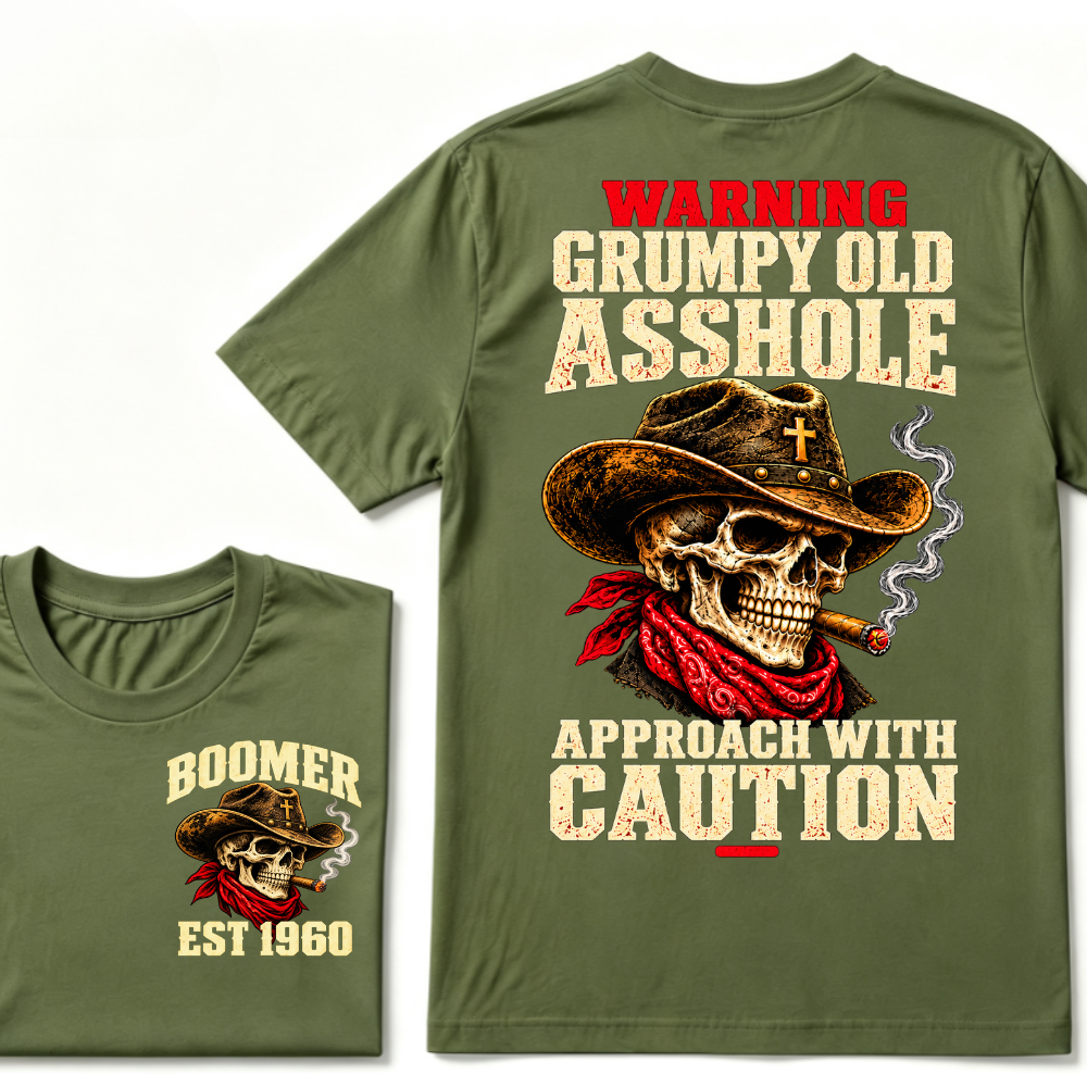 WARNING GRUMPY OLD ASSHOLE APPROACH WITH CAUTION EST.Year Vintage Western Cowboy Skull Tee