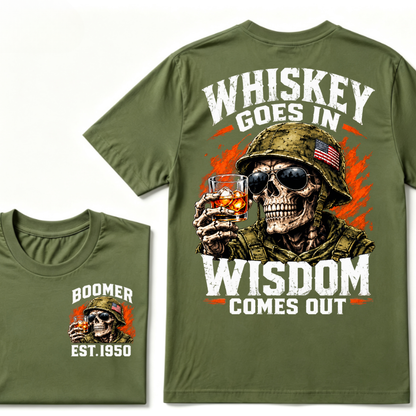 Boomer EST.Year Soldier Skull Whiskey Goes In Wisdom Comes Out American Flag Graphic T-Shirt