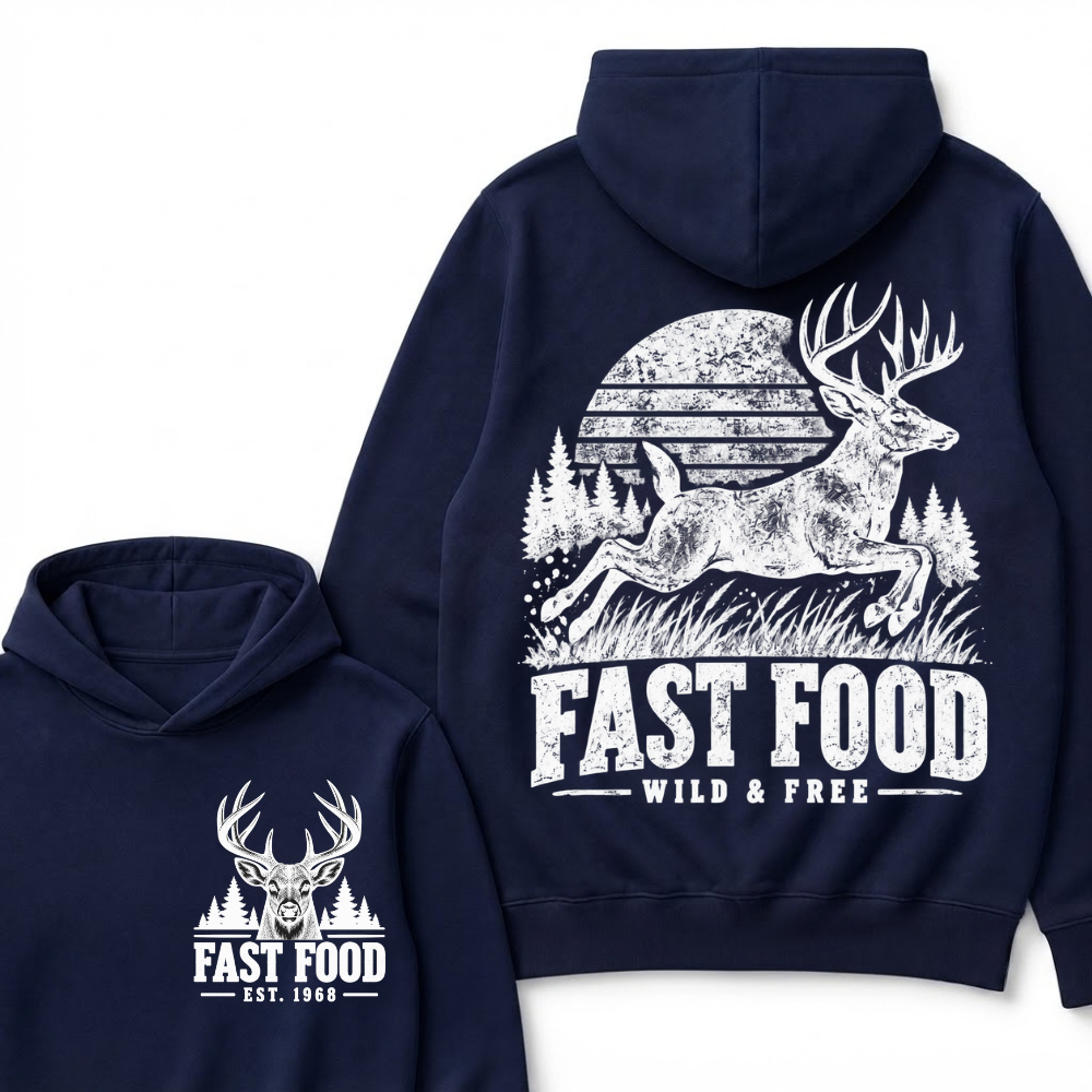Fast Food Wild & Free Deer Hunting Hoodie EST.Year Vintage Buck Hunter Forest Graphic Hoodie