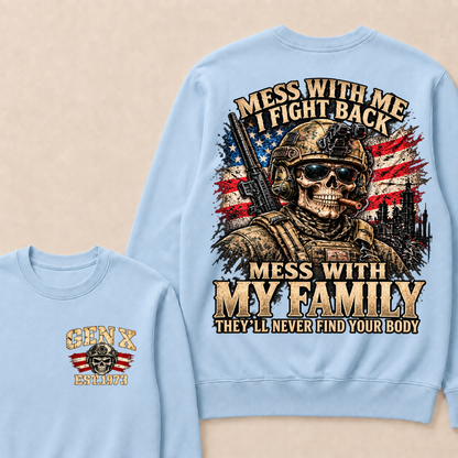 EST.Year Mess With Me I Fight Back Mess With My Family Tactical Skull American Flag Sweatshirt