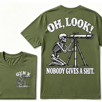Oh Look Nobody Gives A Shit EST.Year Vintage Skeleton Telescope Tee