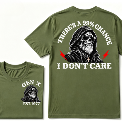 Gen X EST.Year There's A 99% Chance I Don't Care Bearded Skull Hooded Graphic T-Shirt