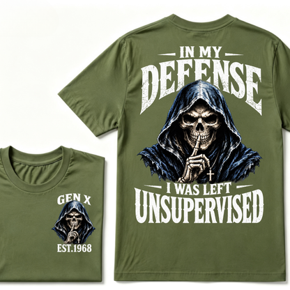 Gen X EST.Year Grim Reaper Skull In My Defense I Was Left Unsupervised Vintage Graphic T-Shirt