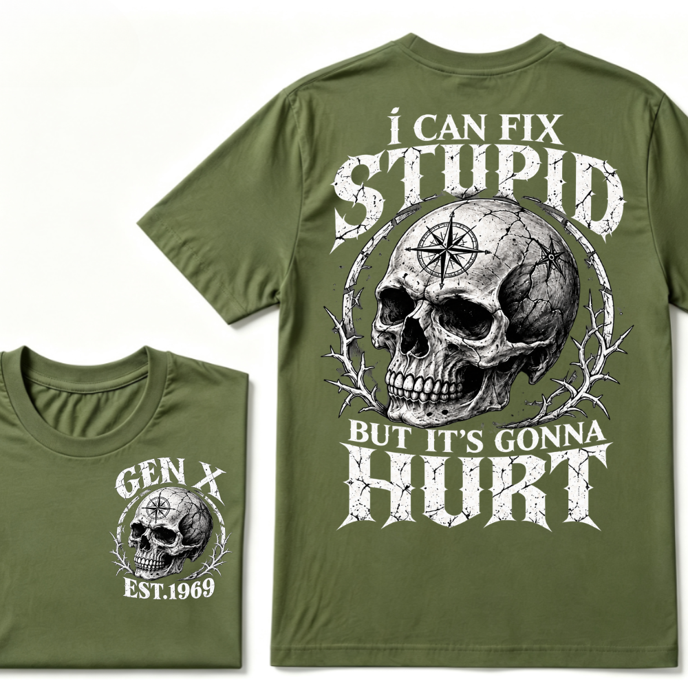 Gen X EST.Year Skull Compass I Can Fix Stupid But It's Gonna Hurt Vintage Graphic T-Shirt