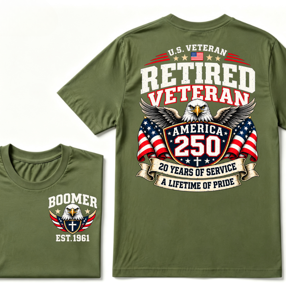 U.S. Veteran Retired Veteran America 250 20 Years Of Service A Lifetime Of Pride EST.Year Graphic T Shirt