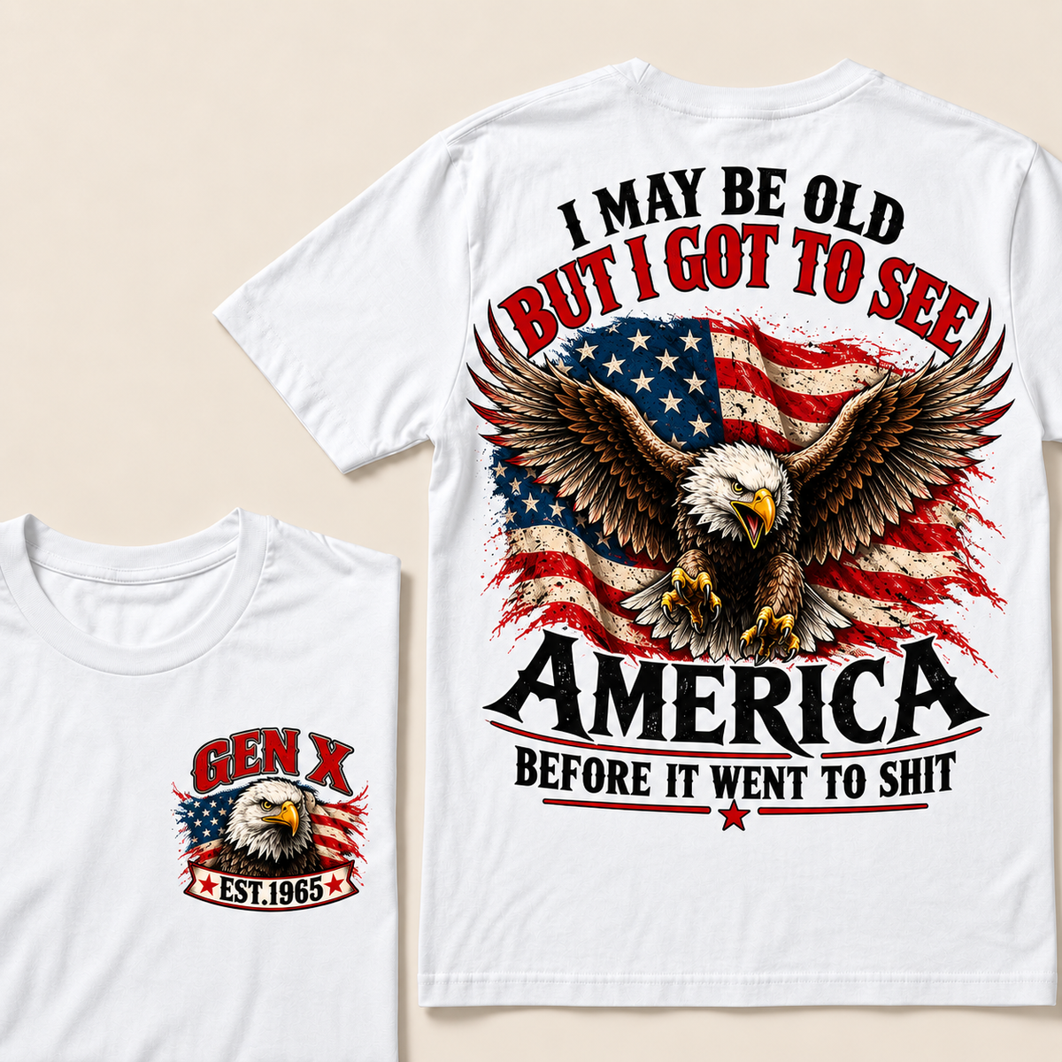 Funny Gen X Eagle T-Shirt, Vintage American Flag Patriotic Tee, Retro 1965 Gen X Gift, USA Bald Eagle Shirt