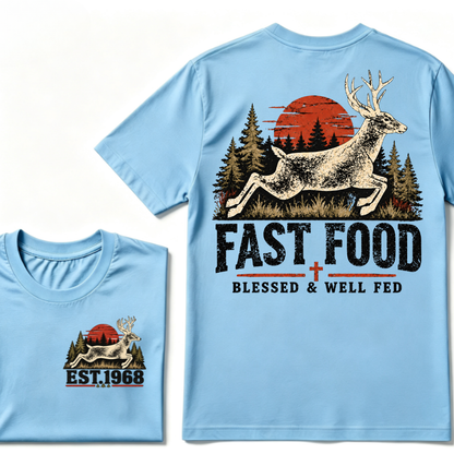 Fast Food Deer Hunting T-Shirt, Blessed & Well Fed Vintage Sunset Forest EST.Year Christian Hunter Graphic Tee