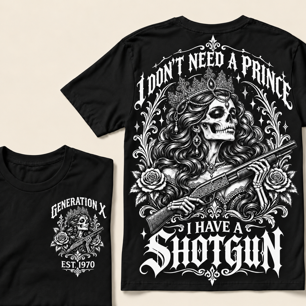 "I Don't Need A Prince I Have A Shotgun" T-Shirt, Funny Gen X Sarcastic Tee, Gothic Skull Crown Gift for Her, Western Gun Shirt