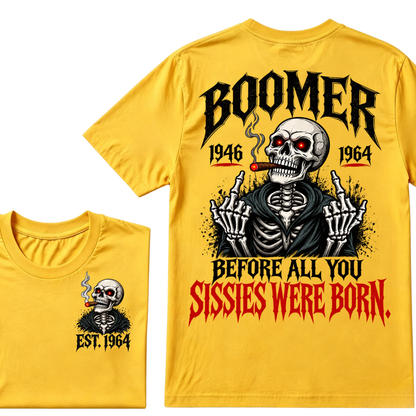 Boomer EAT.Year Before All You Sissies Were Born Skeleton Smoking Cigar Double Sided T-Shirt, Gen Boomer Vintage Skull Tee