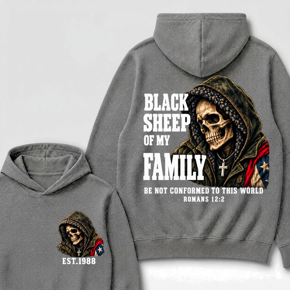Black Sheep Of My Family Romans 12:2 Bible Verse Skull Hooded EAT.Year Hoodie, Christian Patriotic Hoodie