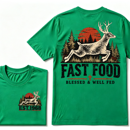 Fast Food Deer Hunting T-Shirt, Blessed & Well Fed Vintage Sunset Forest EST.Year Christian Hunter Graphic Tee