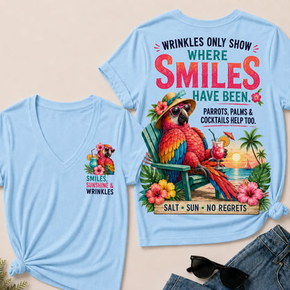 Wrinkles Only Show Where Smiles Have Been Funny Retirement V-Neck Tee For Women – Tropical Parrot Beach Vacation Graphic V-Ne