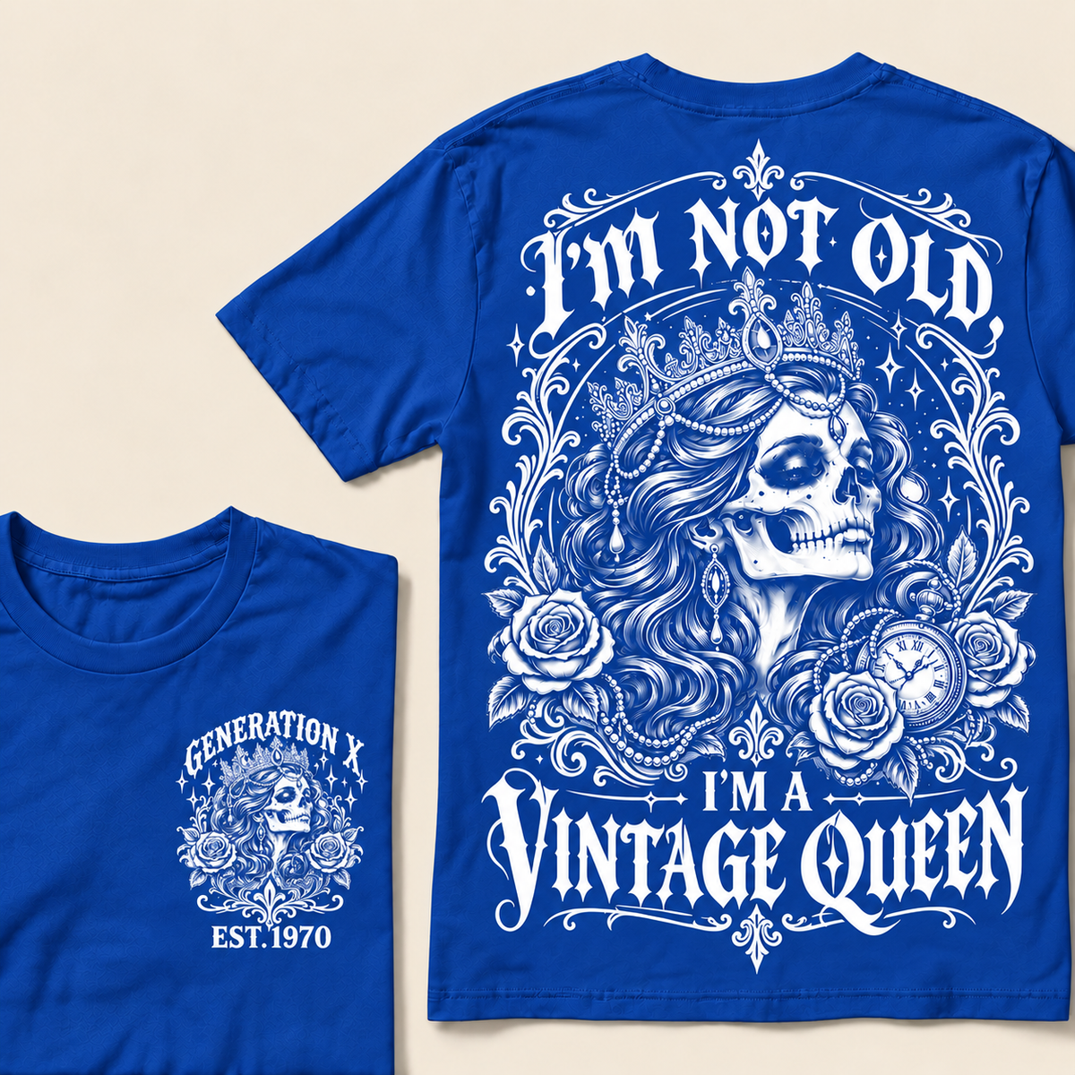 "I'm Not Old I'm A Vintage Queen" T-Shirt, Funny Gen X Sarcastic Tee, Gothic Skull Crown Gift for Her