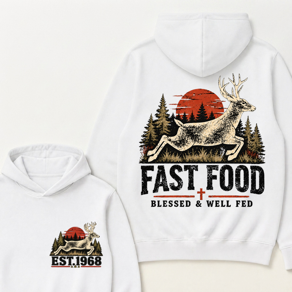 Fast Food Deer Hunting Hoodie, Blessed & Well Fed Vintage Sunset Forest EST.Year Christian Hunter Graphic Hooded Sweatshirt