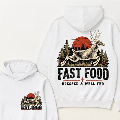 Fast Food Deer Hunting Hoodie, Blessed & Well Fed Vintage Sunset Forest EST.Year Christian Hunter Graphic Hooded Sweatshirt