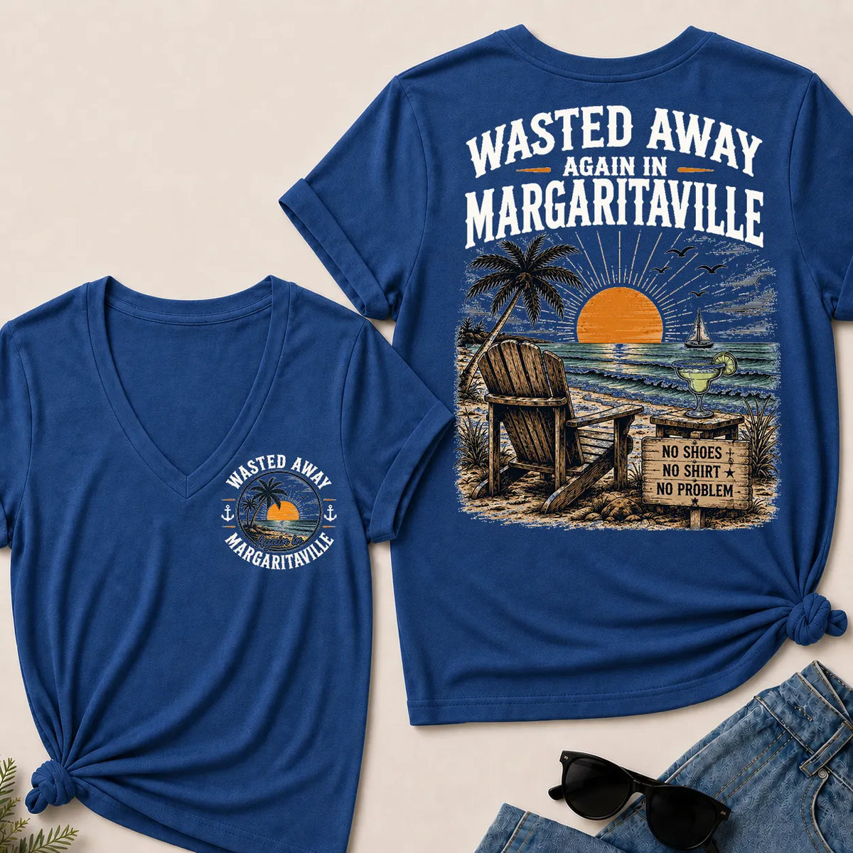 "Wasted Away Again In Margaritaville" Vintage Beach V-Neck T-Shirt | No Shoes, No Shirt, No Problem Tee