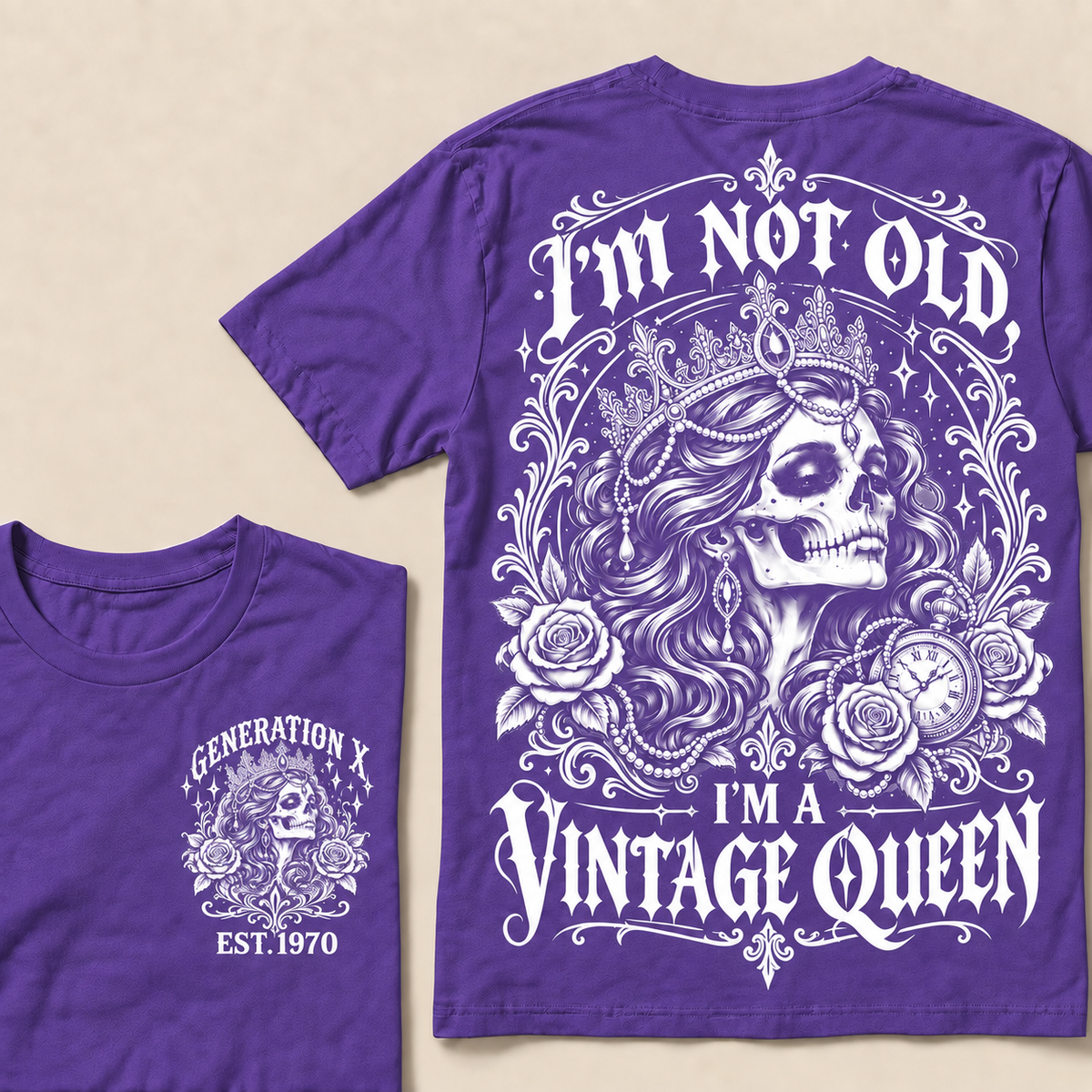 "I'm Not Old I'm A Vintage Queen" T-Shirt, Funny Gen X Sarcastic Tee, Gothic Skull Crown Gift for Her
