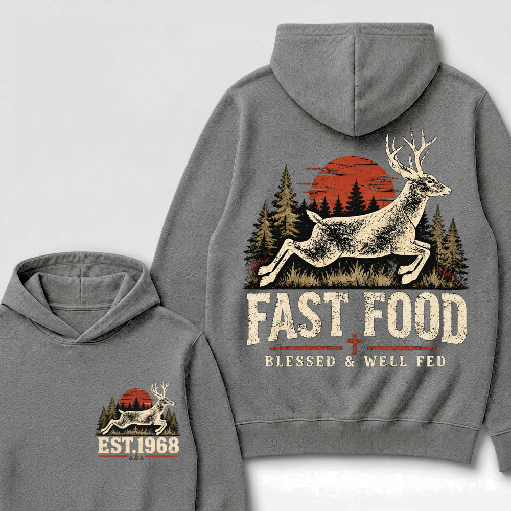 Fast Food Deer Hunting Hoodie, Blessed & Well Fed Vintage Sunset Forest EST.Year Christian Hunter Graphic Hooded Sweatshirt