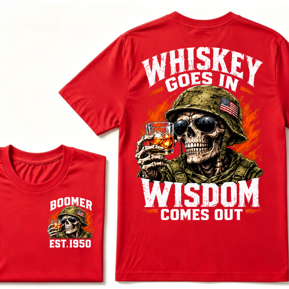Boomer EST.Year Soldier Skull Whiskey Goes In Wisdom Comes Out American Flag Graphic T-Shirt