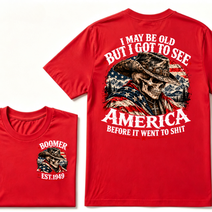 Boomer EST.Year Cowboy Skull American Flag I May Be Old But I Got To See America Vintage Graphic T-Shirt