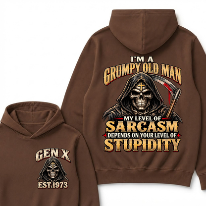 EST.YearI'm A Grumpy Old Man My Level Of Sarcasm Depends On Your Level Of Stupidity Grim Reaper Skull Graphic Hoodie, Funny Gen X Sarcastic Hooded Sweatshirt