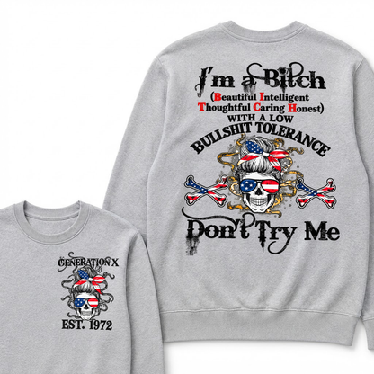 Gen X EST.Year Messy Bun American Flag Skull Low Tolerance Sarcastic Graphic Crewneck Sweatshirt