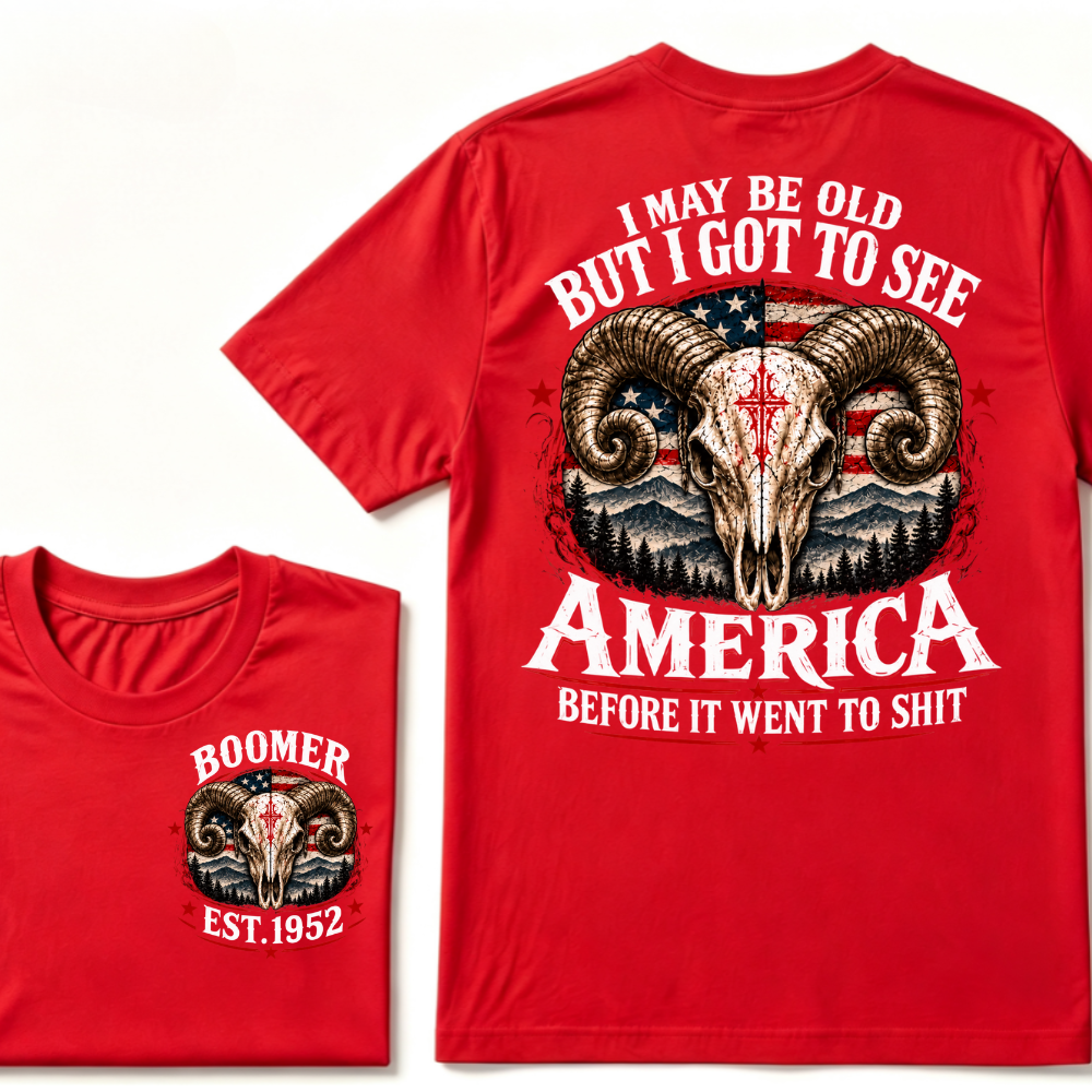 Boomer EST.Year Ram Skull American Flag I May Be Old But I Got To See America Vintage Graphic T-Shirt
