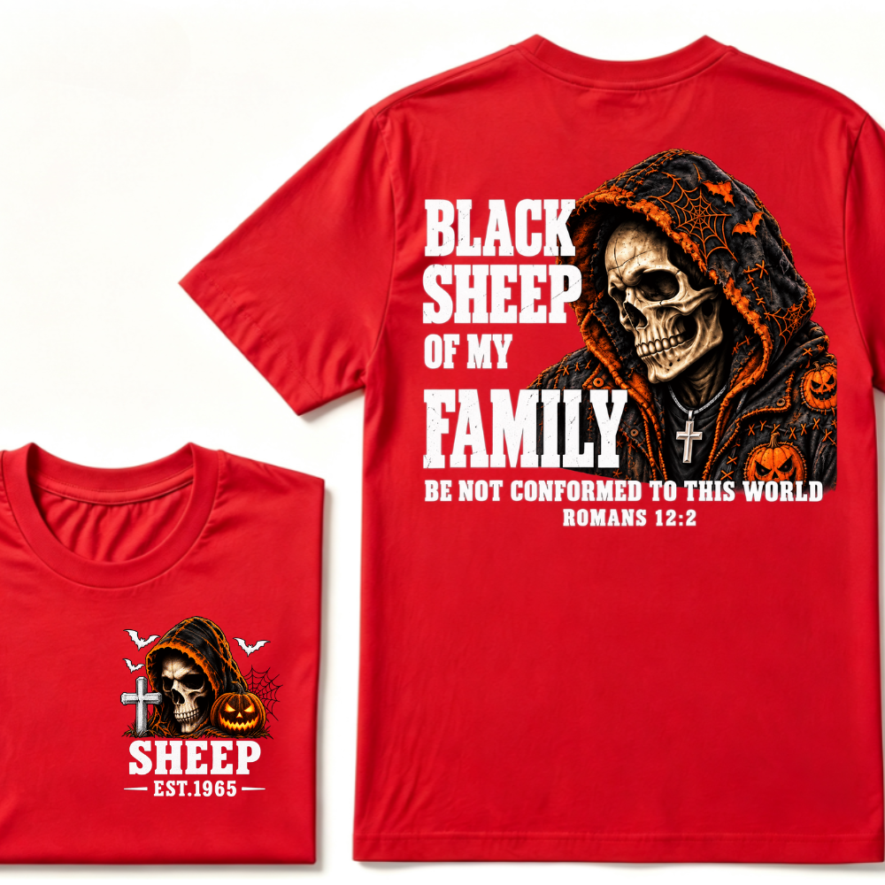 Black Sheep Of My Family Halloween Skull Hooded T-Shirt, Be Not Conformed To This World Romans 12:2 Christian EST.Year Pumpkin Bat Print Graphic Tee