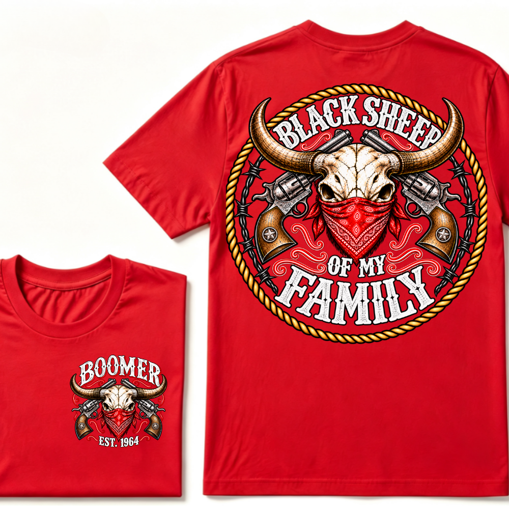 Black Sheep Of My Family EST.Year Vintage Longhorn Skull With Revolvers Western T-Shirt