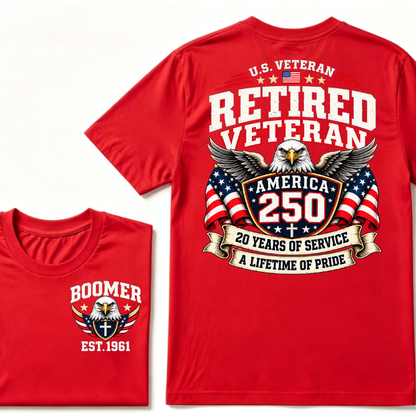 U.S. Veteran Retired Veteran America 250 20 Years Of Service A Lifetime Of Pride EST.Year Graphic T Shirt