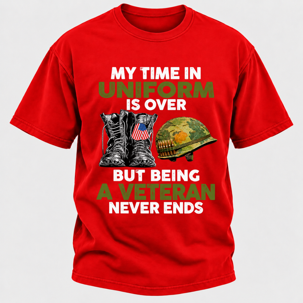 My Time In Uniform Is Over But Being A Veteran Never Ends Military Boots Helmet Graphic T-Shirt