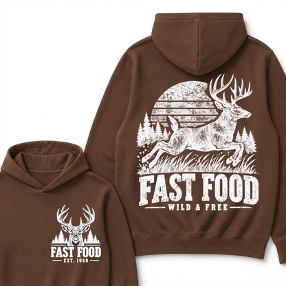 Fast Food Wild & Free Deer Hunting Hoodie EST.Year Vintage Buck Hunter Forest Graphic Hoodie