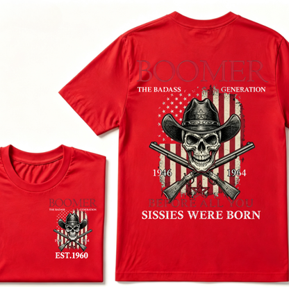 Boomer The Badass Generation 1946-1964 Cowboy Skull USA Flag T-Shirt EST.Year Vintage Patriotic Graphic Tee
