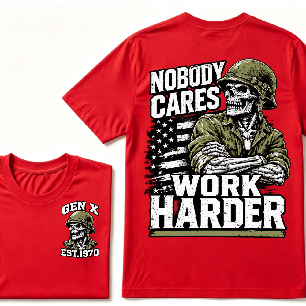 Nobody Cares Work Harder EST.Year Military Soldier Skull Veteran Attitude Graphic Tee