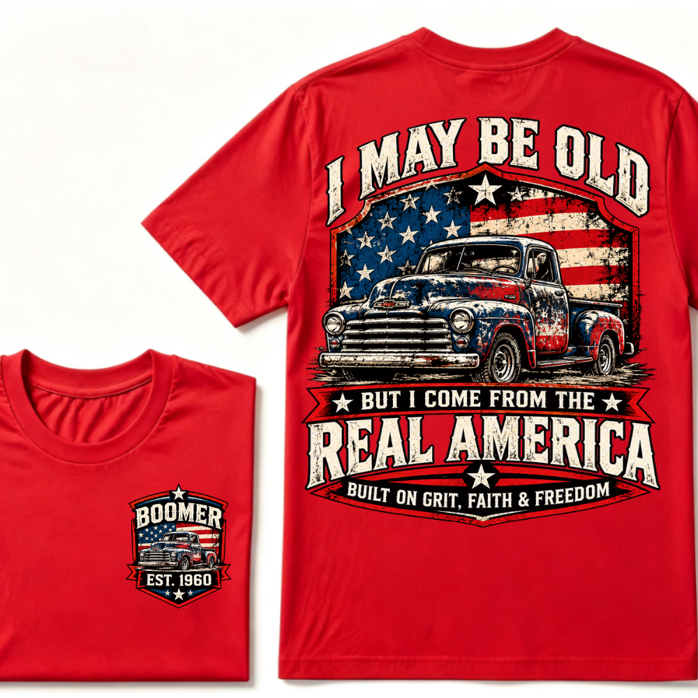 I May Be Old But I Come From The Real America Built On Grit Faith & Freedom EST.Year Vintage Graphic Tee