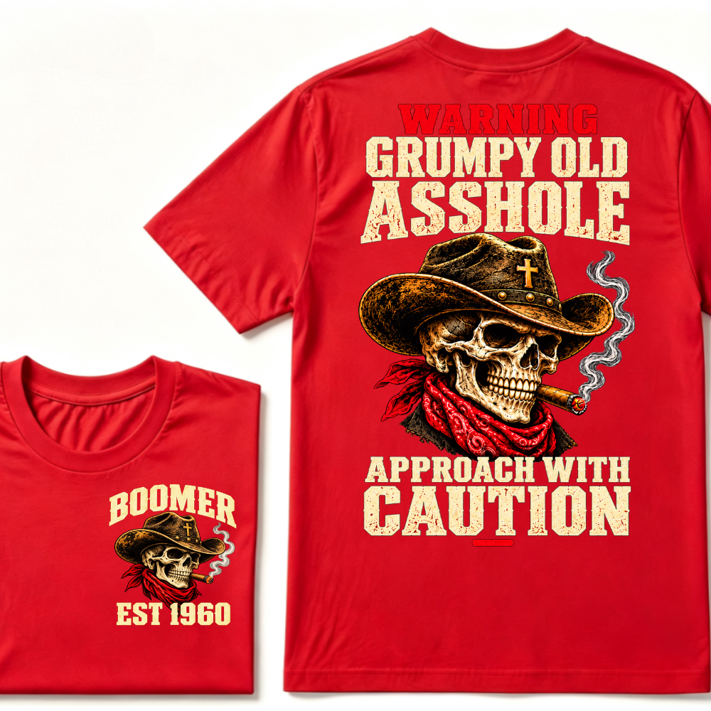 WARNING GRUMPY OLD ASSHOLE APPROACH WITH CAUTION EST.Year Vintage Western Cowboy Skull Tee