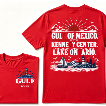 Gulf Of Mexico Kennedy Center Lake Ontario EST.Year Vintage Nautical Lighthouse Sailboat Sunset T-Shirt,Print Retro Ocean Tee