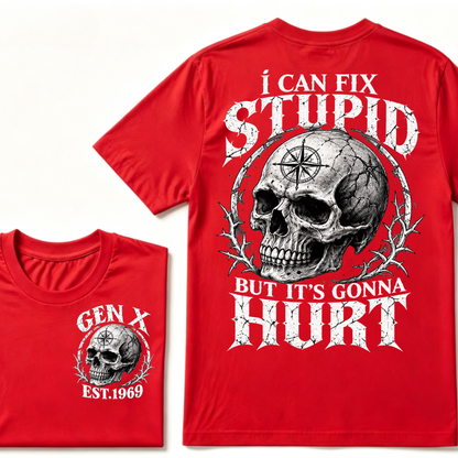 Gen X EST.Year Skull Compass I Can Fix Stupid But It's Gonna Hurt Vintage Graphic T-Shirt