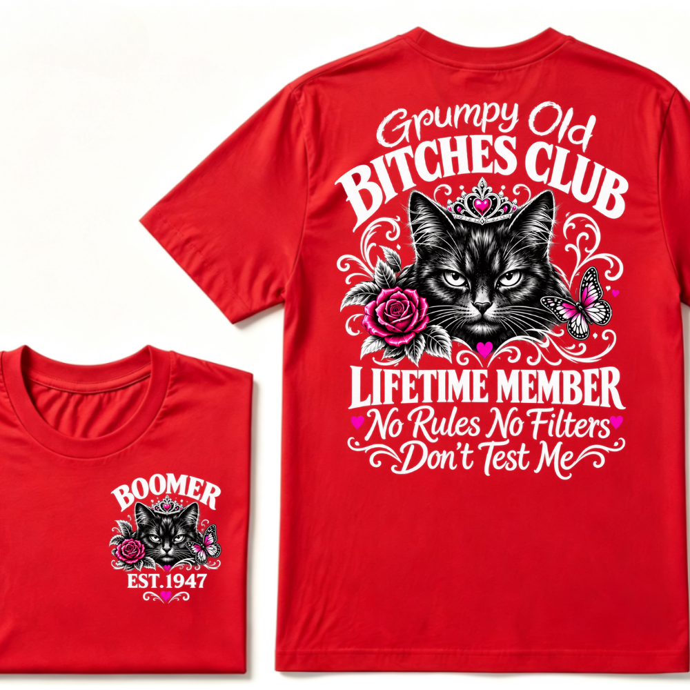 Boomer EST.Year Grumpy Old Club Crown Cat Rose Butterfly Sarcastic Graphic T-Shirt