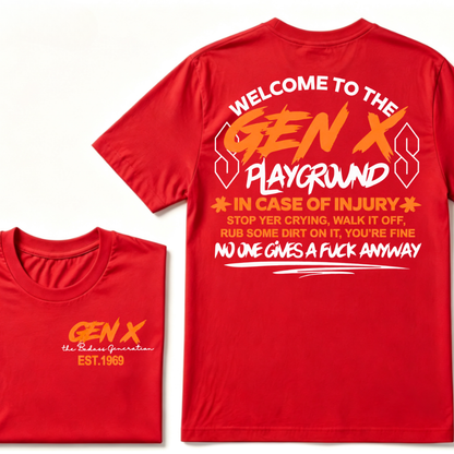 Welcome To The Gen X Playground In Case Of Injury Stop Yer Crying EST.Year Generation X Graphic T-Shirt