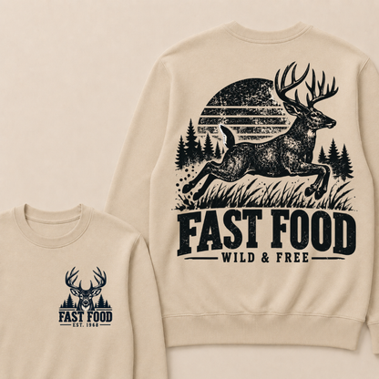 EST.Year Fast Food Wild & Free Vintage Deer Hunting Sunset Forest Graphic Sweatshirt
