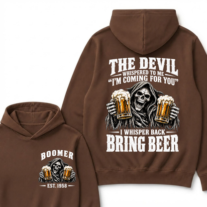 EST.Year The Devil Whispered To Me I'm Coming For You I Whisper Back Bring Beer Grim Reaper Hoodie