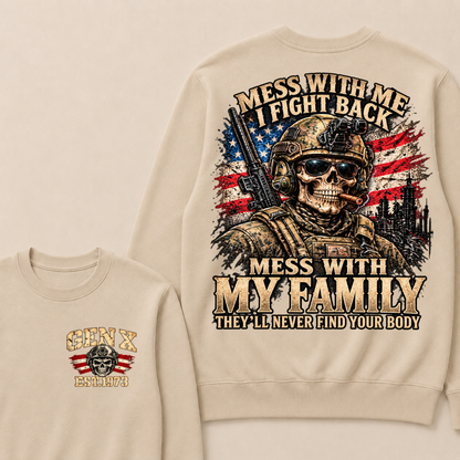 EST.Year Mess With Me I Fight Back Mess With My Family Tactical Skull American Flag Sweatshirt
