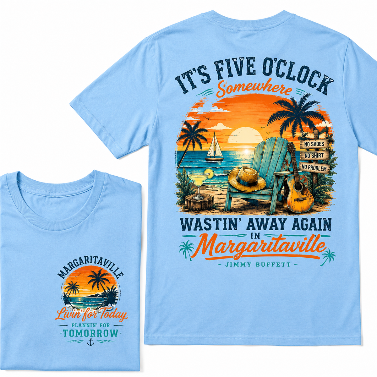 It's Five O'Clock Somewhere Wastin' Away Again In Margaritaville Parrot Guitar Sunset Beach No Shoes No Shirt No Problem Grap