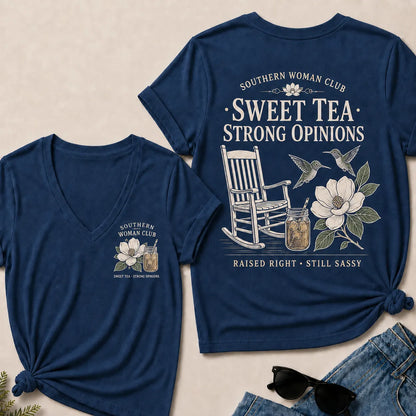Southern Woman Club Sweet Tea Strong Opinions V-Neck T-shirts– Vintage Magnolia Graphic  V-Neck T-shirts For Southern Women