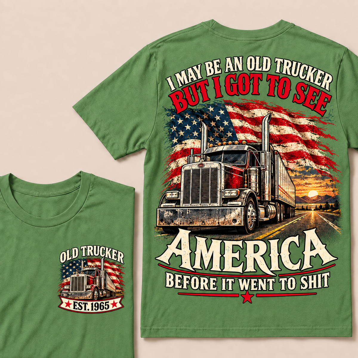 Funny Old Trucker American Flag T-Shirt, Vintage Semi Truck Driver Gift, Patriotic USA Big Rig Tee, Retro 1965 Trucker Shirt