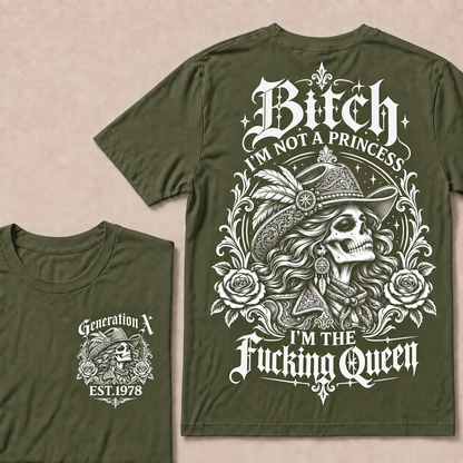 Funny Gen X Cowboy Queen T-Shirt, Western Gothic Skull Tee, Sarcastic Women's Shirt, Retro 1978 Gen X Gift, Not A Princess Tee